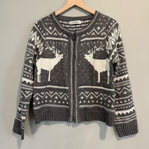Sorbet Knit Cardigan Sweater Wool Blend Fair Isle Cabin Deer Forest Holiday L
